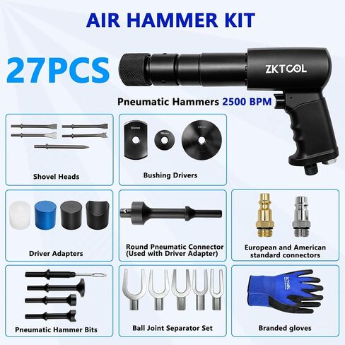 ZKTOOL 27PCS Air Hammer Kit - Functional Powerful Pneumatic Hammer Piece Chisel Set, 2500BPM Quick Change Retainer Air Hammer with Shovel Heads and Ball Joint Separator Set - Carrying Case & Gloves in Kuwait