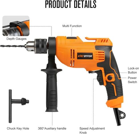 5.8Amp Hammer Drill,1/2" Variable Speed 9 Bits,Aauxiliary Handle | Corded Electric Hammer Drill Multi-angle Aauxiliary Handle for wood, concrete, and plastic in Kuwait