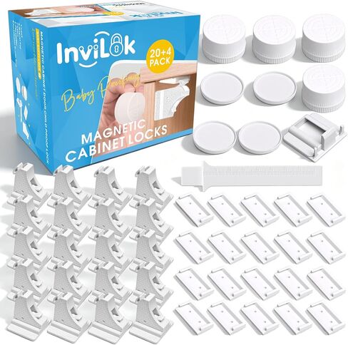 Magnetic Cabinet Locks Baby Proofing (20 Locks & 4 Keys) – No Drill | Tool-Free 3M Adhesive, Invisible Inside Cabinet, for Kitchen & Bathroom Drawers, Whole Home Childproofing in Kuwait