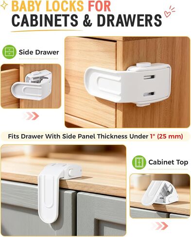 Maveek Drawer Locks Baby Proofing Kit, Upgraded Toddler Safety Lock, 4 Pack | White Furniture Latch For Nightstand & Corner Drawer | One-Hand Operation | Prevents 0-24M Infant From Opening Drawer Dresser in Saudi Arabia