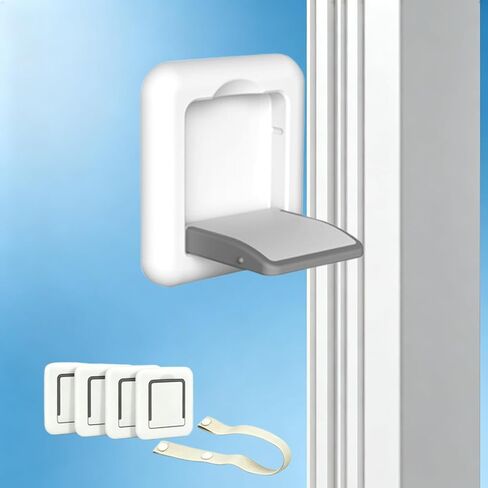 Sliding Glass Door Child Lock 4 Pack | 3M Adhesive No Drill 10s Install Upgraded Solid ABS, Baby Proofing Locks for Patio Door, Closet, Horizontal & Vertical Sliding Window | Keep Toddlers Pets Safe | BONUS CURTAIN TIEBACK in Kuwait