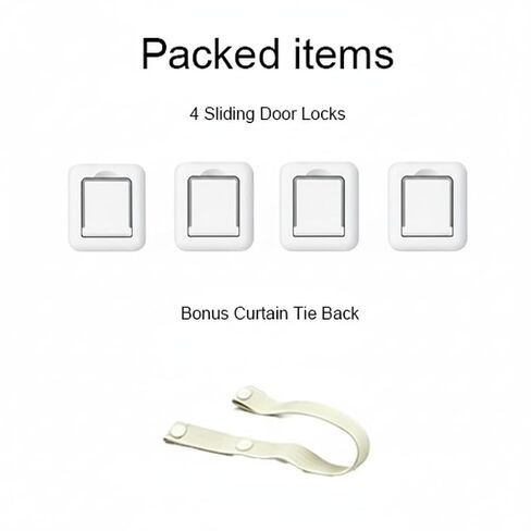 Sliding Glass Door Child Lock 4 Pack | 3M Adhesive No Drill 10s Install Upgraded Solid ABS, Baby Proofing Locks for Patio Door, Closet, Horizontal & Vertical Sliding Window | Keep Toddlers Pets Safe | BONUS CURTAIN TIEBACK in Kuwait