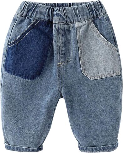 Toddler Boy Jeans Contrast Patch Pocket Elastic Pull on Waist Casual Loose Fit Denim Pants for Baby Infant Boys 6M-4Y in Kuwait