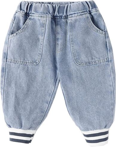 Toddler Boy Jeans Light Wash Elastic Waist Pull on Striped Rib Cuff Denim Jogger Pants for Baby Infant Boys 6M-4Y in Kuwait