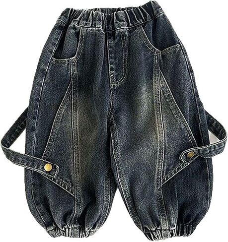 Toddler Boy Jeans Kids Elastic Waist Pull on Denim Pants Loose Fit Vintage Wash Baggy Joggers with Straps 1-10T in Kuwait