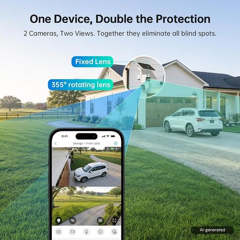 ELYSOO Dual Lens 4G LTE Cellular Security Camera, 2K HD Video, No WiFi Needed, 360° View Camera with Night Vision, Easy to Install, PIR Alarm, Built-in SIM Card(Supports Verizon/AT&T/T-Mobile) - White in Kuwait
