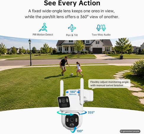 ELYSOO Dual Lens 4G LTE Cellular Security Camera, 2K HD Video, No WiFi Needed, 360° View Camera with Night Vision, Easy to Install, PIR Alarm, Built-in SIM Card(Supports Verizon/AT&T/T-Mobile) - White in Kuwait