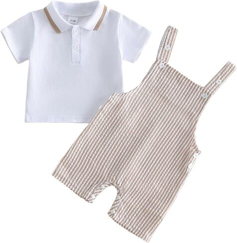 fhutpw Toddler Baby Boy Clothes 2Pcs Summer Outfit Button Down Shirt & Stripe Shortall Romper Overall Sets 6 Months - 4T in Kuwait