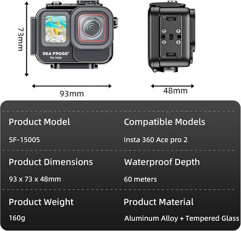 Sea frogs Camera Housing Compatible with Insta360 Ace Pro/Ace Pro 2 | Waterproof IPX8 Rated Depth 60m/ 197ft Dive Case for Snorkeling Scuba Surf in Kuwait