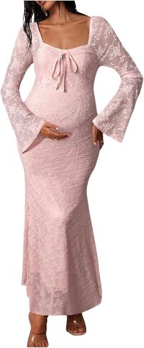 SweatyRocks Women's Maternity Lace Baby Shower Swiss Dots Maxi Dresses | Tie Front Long Bell Sleeve Fishtail Bodycon Dresses Maternity Clothes in Kuwait