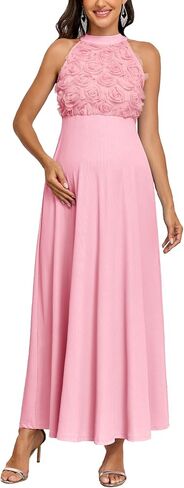 AISWI 3D Floral Halter Neck Maternity Dress Ribbed Elegant A Line Maxi Tie Back Pregnancy Dresses Baby Shower Photoshoot in Kuwait
