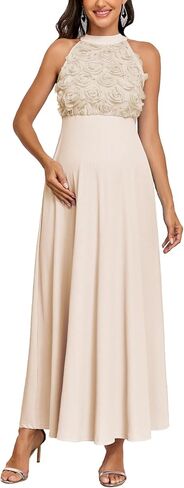 AISWI 3D Floral Halter Neck Maternity Dress Ribbed Elegant A Line Maxi Tie Back Pregnancy Dresses Baby Shower Photoshoot in Kuwait