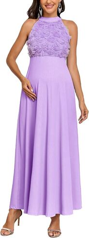 AISWI 3D Floral Halter Neck Maternity Dress Ribbed Elegant A Line Maxi Tie Back Pregnancy Dresses Baby Shower Photoshoot in Kuwait