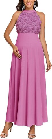 AISWI 3D Floral Halter Neck Maternity Dress Ribbed Elegant A Line Maxi Tie Back Pregnancy Dresses Baby Shower Photoshoot in Kuwait