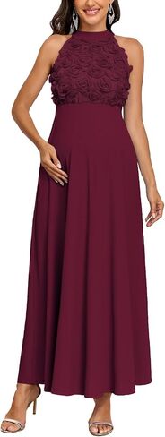 AISWI 3D Floral Halter Neck Maternity Dress Ribbed Elegant A Line Maxi Tie Back Pregnancy Dresses Baby Shower Photoshoot in Kuwait