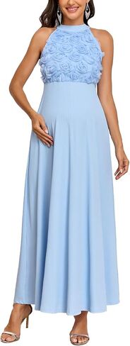 AISWI 3D Floral Halter Neck Maternity Dress Ribbed Elegant A Line Maxi Tie Back Pregnancy Dresses Baby Shower Photoshoot in Kuwait