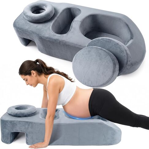 Pregnancy Massage Pillow with Headrest, Full Body Prenatal Support Cushion for Belly & Breast Comfort, Face Down Maternity Bolster for Back, Hip & Neck Relief, Washable Cover, Gray in Kuwait