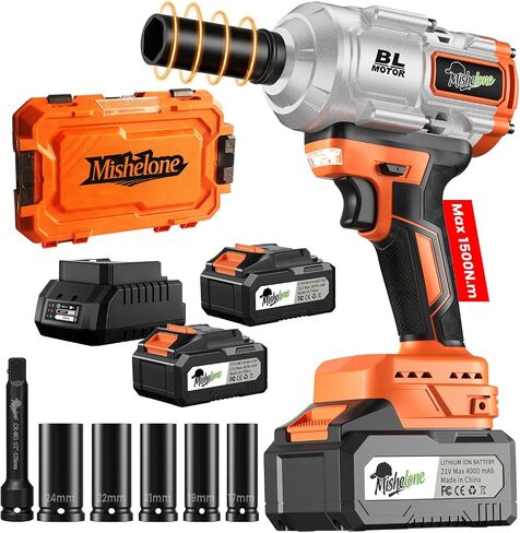 cordless impact wrench 1/2 inch,21V Brushless High Torque 1500N.m 1106ft-lbs power impact wrenches, With 2 Pack 4.0Ah Batteries and 5 Sockets, Ideal for Car Tire Lug Nut Removal and Repair in Kuwait