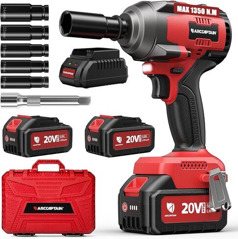 ARCCAPTAIN Cordless Impact Wrench 996Ft-lbs(1350N.m), 1/2 Inch High Torque Impact Gun, 20V 2x4.0Ah Batteries & Fast Charger, 3 Variable Speeds, LED Light, High-Rate Impact Driver for Truck/Car/Pickup in Kuwait