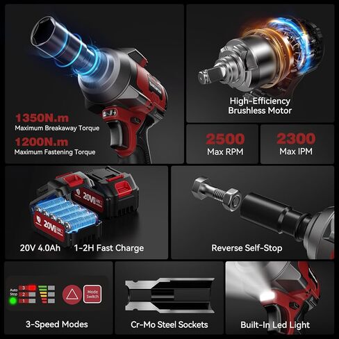 ARCCAPTAIN Cordless Impact Wrench 996Ft-lbs(1350N.m), 1/2 Inch High Torque Impact Gun, 20V 2x4.0Ah Batteries & Fast Charger, 3 Variable Speeds, LED Light, High-Rate Impact Driver for Truck/Car/Pickup in Kuwait