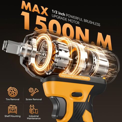 Impact Wrench Compatible with DeWalt Battery -1107Ft-lbs(1500N.m) | Impact Driver, 1/2" Impact Gun 3-Speed High Torque Power Tool for Home Car Pickup Truck RV Mower (No Battery) in Kuwait
