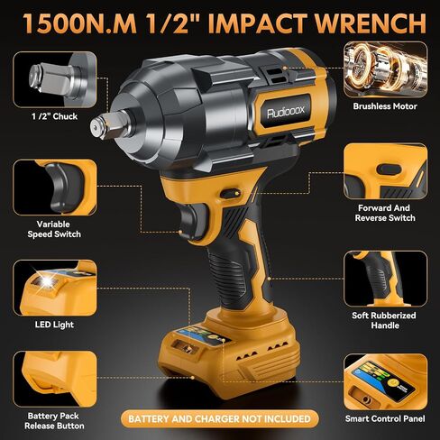 Impact Wrench Compatible with DeWalt Battery -1107Ft-lbs(1500N.m) | Impact Driver, 1/2" Impact Gun 3-Speed High Torque Power Tool for Home Car Pickup Truck RV Mower (No Battery) in Kuwait