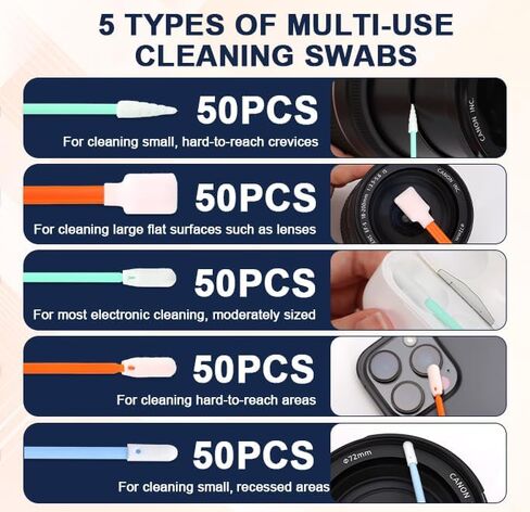 250 Pcs Foam Cleaning Swab Kit 5 Types Lint-Free Foam Swab Sticks with Storage Box Micro Cleaning Sponge Tip Swabs for Electronics Printer Cameras Optical Lenses Equipment Gun Automotive Detailing in Kuwait