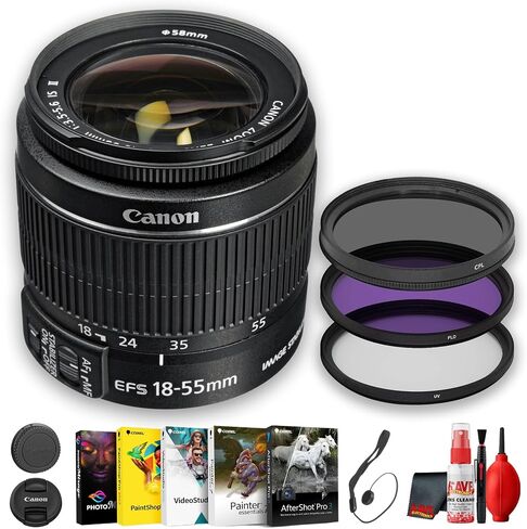 Canon EF-S 18-55mm is II Lens for Canon DSLR APS-C Cameras Compact Everyday Zoom with Image Stabilization (2042B002) + Photo Software + Lens Filter Kit + Cleaning Kit + Cap Keeper (7pc Bundle) in Kuwait