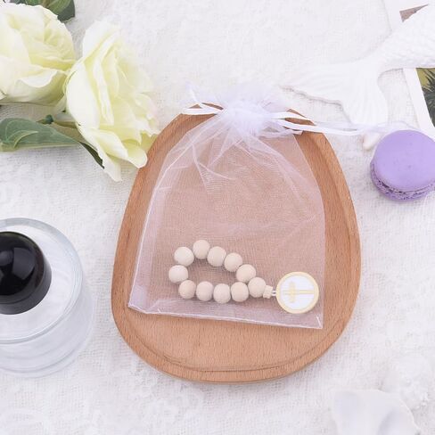Wooden Rosary Hanger Bracelet First Communion Confirm Gift for Daughter Son Grandkids Baby Shower Gifts Cross Pendant Wall Decor Ornament Baby Rosary Catholic Prayer Bead Baptism Favors in Kuwait