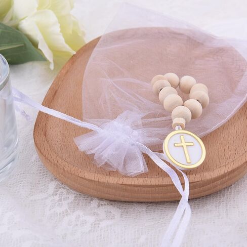 Wooden Rosary Hanger Bracelet First Communion Confirm Gift for Daughter Son Grandkids Baby Shower Gifts Cross Pendant Wall Decor Ornament Baby Rosary Catholic Prayer Bead Baptism Favors in Kuwait