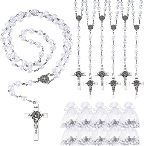ORIGACH 24 Pcs Bead Rosary Necklace Bulk, Catholic Prayer Beads with Organza Bags Medal Cross Saint Benedict Rosary, First Communion Baptism Favors Catholic Gift in Kuwait