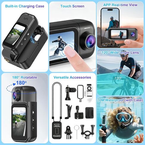 OBEST Mini Body Camera 128GB, 1080P Thumb Size Action Camera with 1.5inch LCD Touch Screen & Charging Case, Hands-Free POV Recording, Wearable Portable Camcorder for Work Travel Vlog Swim in Kuwait