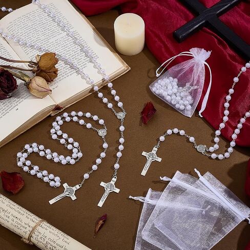 ORIGACH 24 Pcs Bead Rosary Necklace Bulk, Catholic Prayer Beads with Organza Bags Medal Cross Saint Benedict Rosary, First Communion Baptism Favors Catholic Gift in Kuwait