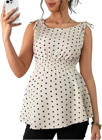 SweatyRocks Women's Maternity Tank Tops Polka Dots Babydoll Tops Bow Tie Shoulder Boat Neck Shirred Peplum Blouse in Kuwait