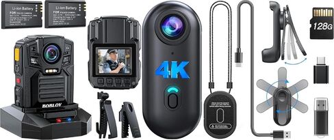 BOBLOV D7 2K Body Camera,128GB GPS 2 * 1950mAh Batteries with Charging Dock W4 4K Mini Body Camwith 360°Rotatable Clip & Magnetic Clip, 96 Minutes for Recording in Kuwait