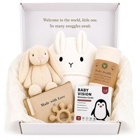 Baby Gift Basket – Gender Neutral Newborn Gift Set with Organic Cotton Swaddle, Plush Toy, Hooded Towel & Teether – New Baby Gift Basket for Baby Shower to Welcome Newborn in Kuwait