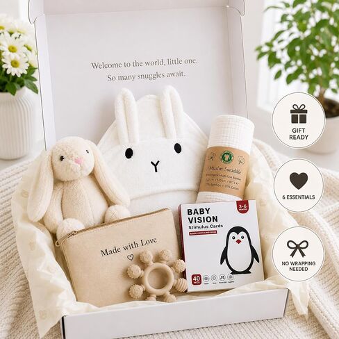 Baby Gift Basket – Gender Neutral Newborn Gift Set with Organic Cotton Swaddle, Plush Toy, Hooded Towel & Teether – New Baby Gift Basket for Baby Shower to Welcome Newborn in Kuwait