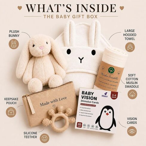 Baby Gift Basket – Gender Neutral Newborn Gift Set with Organic Cotton Swaddle, Plush Toy, Hooded Towel & Teether – New Baby Gift Basket for Baby Shower to Welcome Newborn in Kuwait