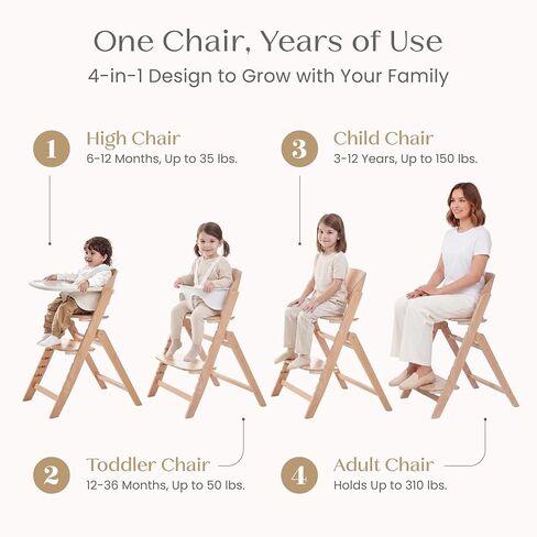 Delta Children Crave 4-in-1 Convertible High Chair – Folds Flat, FSC Certified Beech Wood Frame, Grows from Baby to Adult, Magnetic Buckle & Dishwasher-Safe Tray – Natural in Kuwait