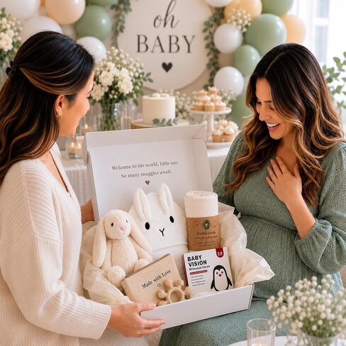 Baby Gift Basket – Gender Neutral Newborn Gift Set with Organic Cotton Swaddle, Plush Toy, Hooded Towel & Teether – New Baby Gift Basket for Baby Shower to Welcome Newborn in Kuwait