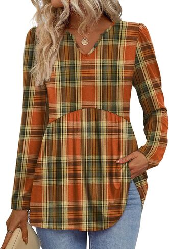 WIHOLL Womens Tops Long Sleeve Fall Shirts Babydoll Peplum Tops for Women V Neck Tunic Dressy Casual Blouses in Kuwait