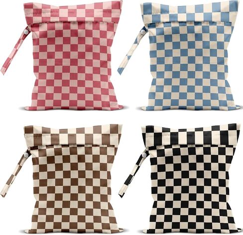 4 Pack Cute Wet Bag Waterproof Washable Reusable Wet Dry Bag for Swimsuit Dirty Clothes Cloth Diaper Travel Pool Yoga Gym Party Camping Toiletries Travel Beach Essentials, Colorful Checkered in Kuwait