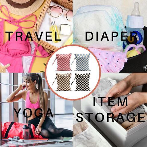 4 Pack Cute Wet Bag Waterproof Washable Reusable Wet Dry Bag for Swimsuit Dirty Clothes Cloth Diaper Travel Pool Yoga Gym Party Camping Toiletries Travel Beach Essentials, Colorful Checkered in Kuwait