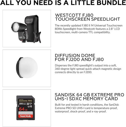 Westcott FJ80 II M Universal LED Touchscreen 80Ws Speedlight with Multi-Camera TTL Compatibility - FJ80 Magnetic Diffusion Dome Lighting Accessories & 64GB Extreme PRO UHS SDXC Memory Card, Bundle Kit in Kuwait
