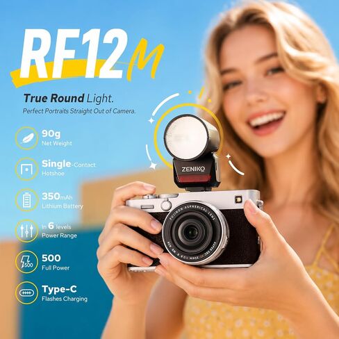ZENIKO RF12 M Round Head Mini Camera Flash Speedlite, Universal Mini On-Camera Flash, 6 Levels 500 Full-Power Flashes, Built-in Battery, S1/S2 Optical Trigger, for Travel, Studio Photography in Kuwait