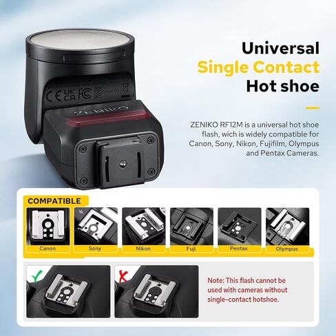 ZENIKO RF12 M Round Head Mini Camera Flash Speedlite, Universal Mini On-Camera Flash, 6 Levels 500 Full-Power Flashes, Built-in Battery, S1/S2 Optical Trigger, for Travel, Studio Photography in Kuwait