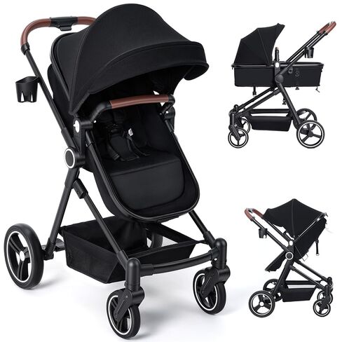 2-1 Baby Stroller, Newborn Toddler Compact Stroller with Convertible Seat, Foldable Pram Stroller with Adjustable Backrest/Canopy& Cup Holder, for 0-48 Months in Kuwait