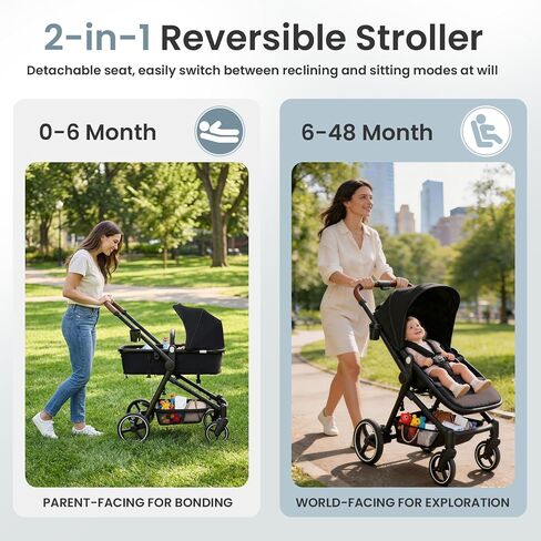 2-1 Baby Stroller, Newborn Toddler Compact Stroller with Convertible Seat, Foldable Pram Stroller with Adjustable Backrest/Canopy& Cup Holder, for 0-48 Months in Kuwait