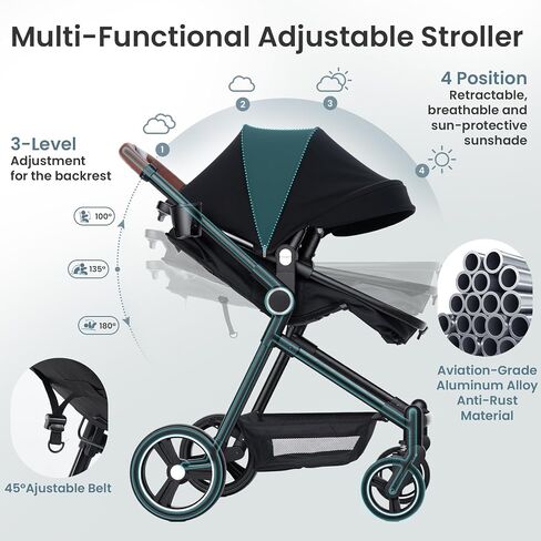 2-1 Baby Stroller, Newborn Toddler Compact Stroller with Convertible Seat, Foldable Pram Stroller with Adjustable Backrest/Canopy& Cup Holder, for 0-48 Months in Kuwait