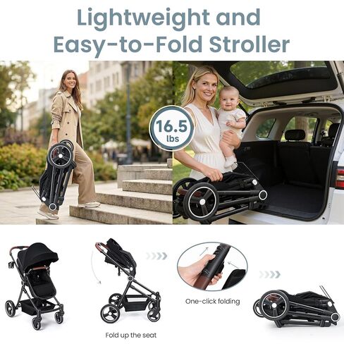 2-1 Baby Stroller, Newborn Toddler Compact Stroller with Convertible Seat, Foldable Pram Stroller with Adjustable Backrest/Canopy& Cup Holder, for 0-48 Months in Kuwait
